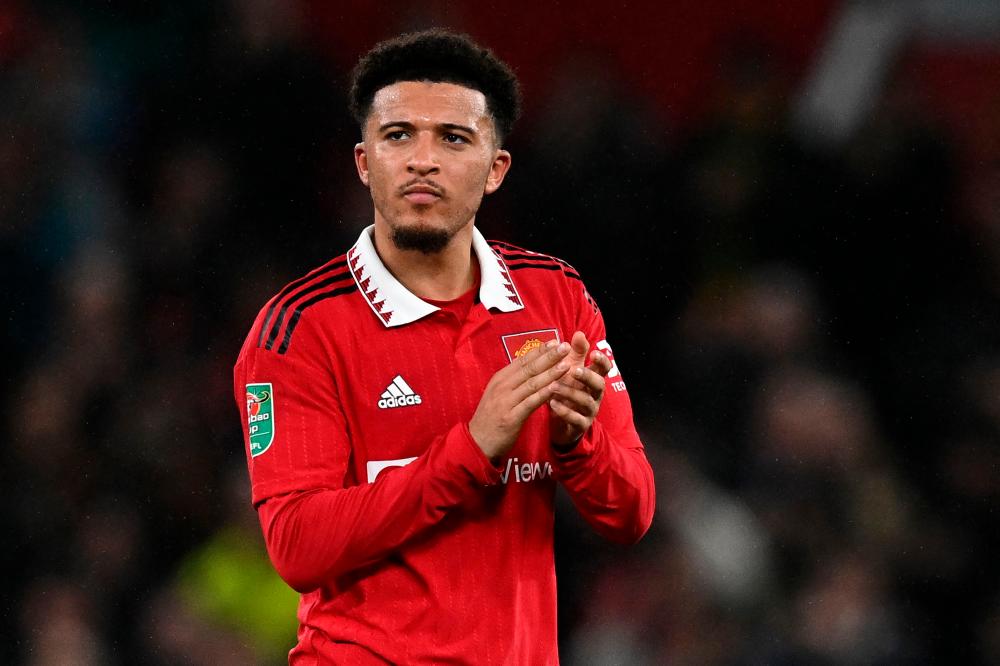 Manchester United’s English striker Jadon Sancho applauds the fans following the English League Cup semi-final second-leg football match between Manchester United and Nottingham Forest at Old Trafford in Manchester, north west England, on February 1, 2023/AFPPix