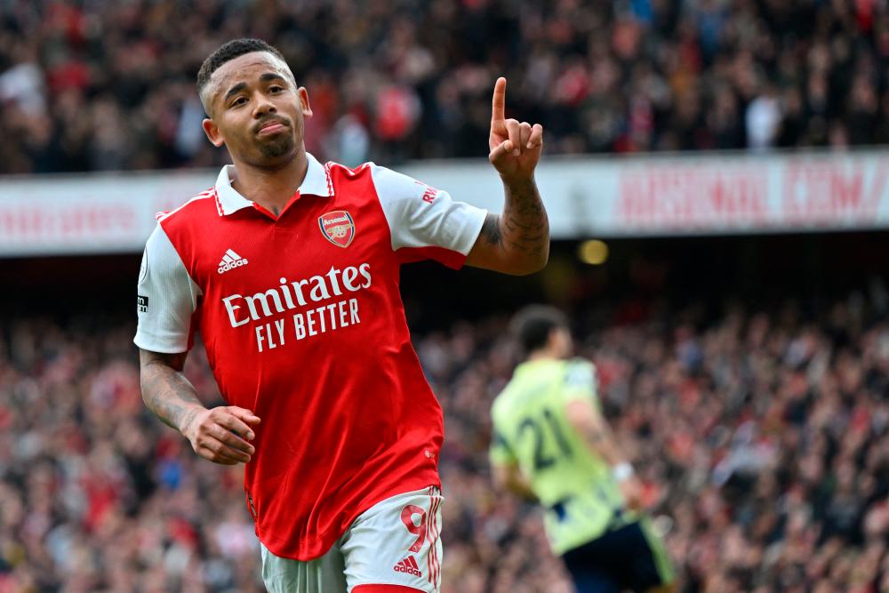 Arsenal’s Brazilian striker Gabriel Jesus celebrates after scoring the opening goal from the penalty spot during the English Premier League football match between Arsenal and Leeds United at the Emirates Stadium in London on April 1, 2023/AFPPix