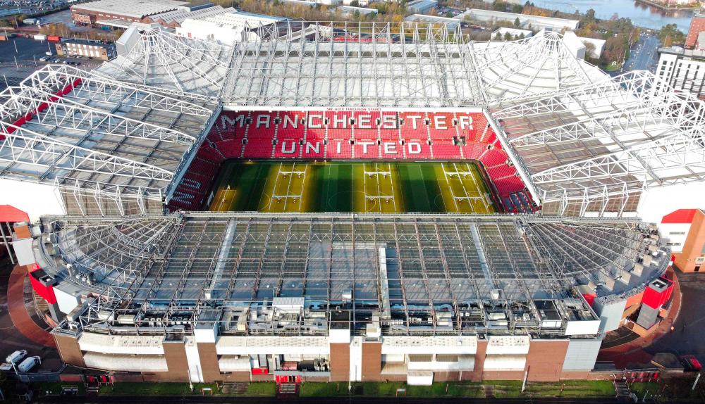 An aerial view shows Old Trafford stadium, home ground of to Manchester United football team, in Manchester, northern England, on November 23, 2022. - AFPPIX