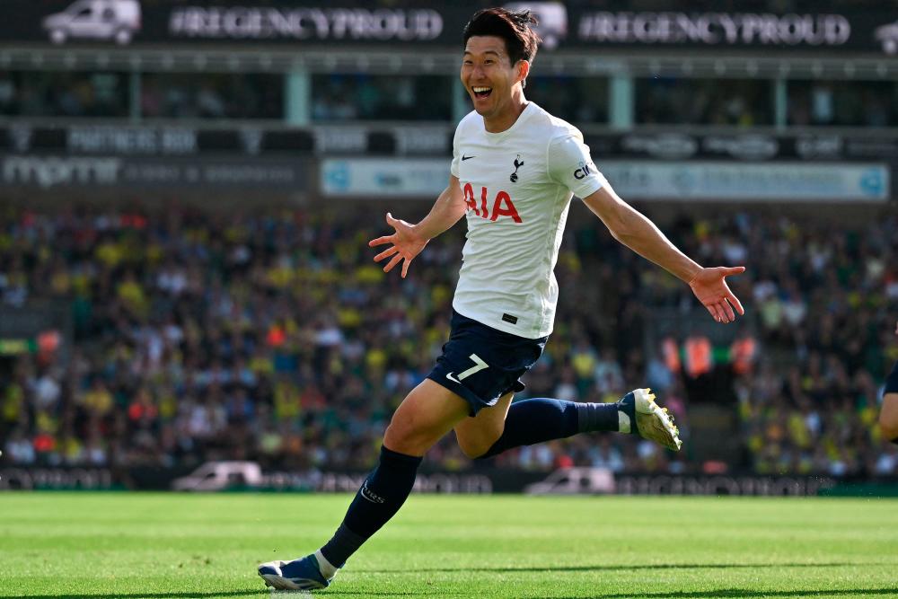 Tottenham Hotspur's South Korean striker Son Heung-Min celebrates after scoring a goal during the English Premier League football match between Norwich City and Tottenham Hotspur at Carrow Road Stadium in Norwich. AFPPIX