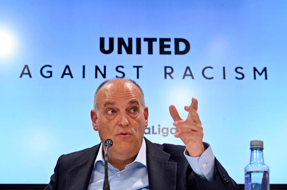 The president of the Spanish football league ‘La Liga’ Javier Tebas gestures as he gives a press conference in Madrid on May 25, 2023 amid an international outcry after racist abuse was hurled at Real Madrid’s Brazilian forward Vinicius Junior during a Spanish league match/AFPPix