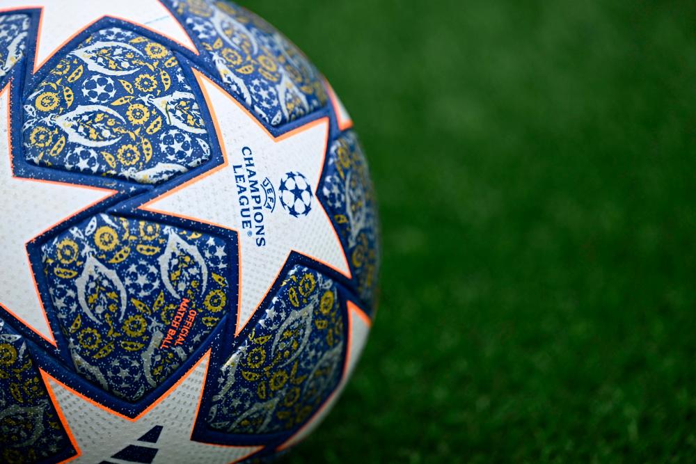 The Champions League ball is pictured during a team training session at Manchester City training ground in Manchester, north-west England on June 6, 2023, ahead of their UEFA Champions League final football match against Inter Milan. AFPPIX