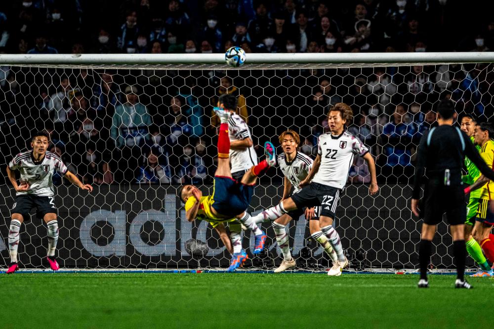 Colombia’s Rafael Santos Borre (C) scores a goal during a friendly football match between Japan and Colombia in Osaka on March 28, 2023. AFPPIX