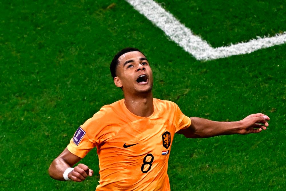 Netherlands’ forward #08 Cody Gakpo celebrates scoring his team’s first goal during the Qatar 2022 World Cup Group A football match between the Netherlands and Qatar at the Al-Bayt Stadium in Al Khor, north of Doha on November 29, 2022/AFPPix