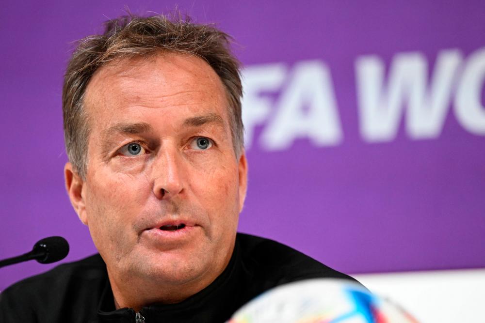 Denmark’s coach Kasper Hjulmand speaks during a press conference at the Qatar National Convention Center (QNCC) in Doha on November 29, 2022, on the eve of the Qatar 2022 World Cup football match between Australia and Denmark/AFPPix