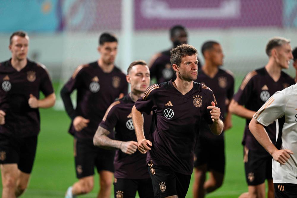 Germany’s forward Thomas Mueller takes part in a training session at Al Shamal Stadium in Al Shamal, north of Doha on November 25, 2022, during of the Qatar 2022 World Cup football tournament. AFPPIX