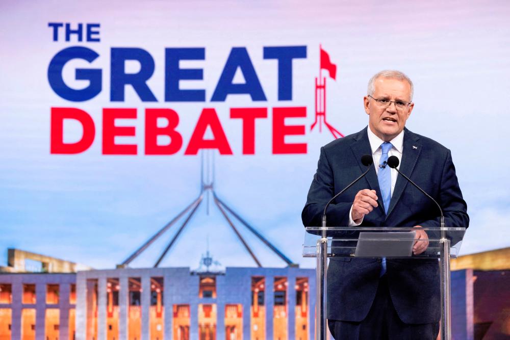 Australian Prime Minister Scott Morrison speaks during the second leaders’ debate of the 2022 federal election campaign at the Nine studio in Sydney, Australia. - REUTERSpix