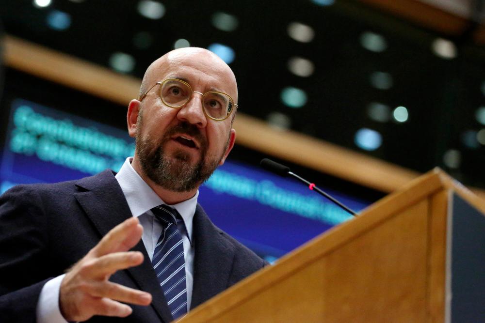 (FILES) This file photo taken on November 9, 2022 shows President of the European Council Charles Michel speaks during a mini plenary session at the European Commission headquarters in Brussels. - AFPPIX