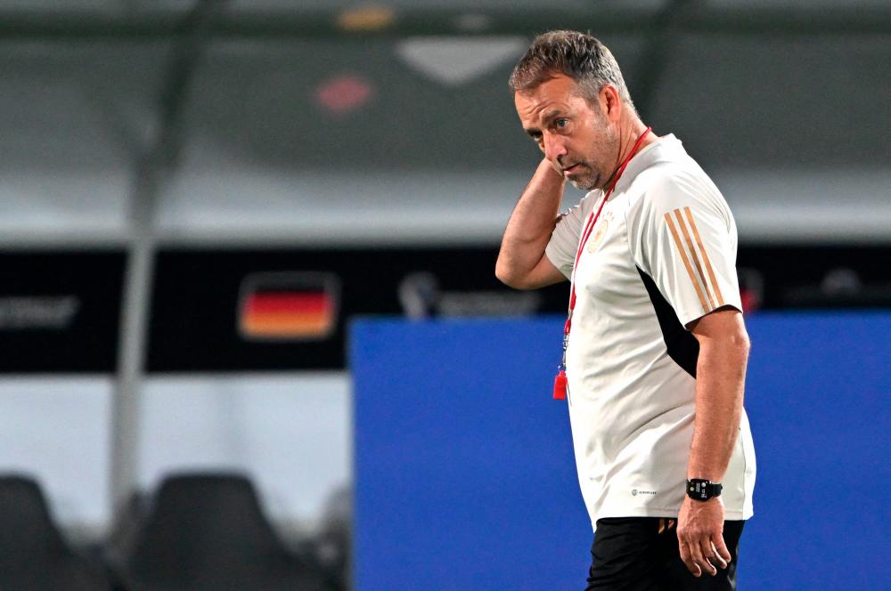Germany coach Hansi Flick reacts during training session. ― AFPPIX