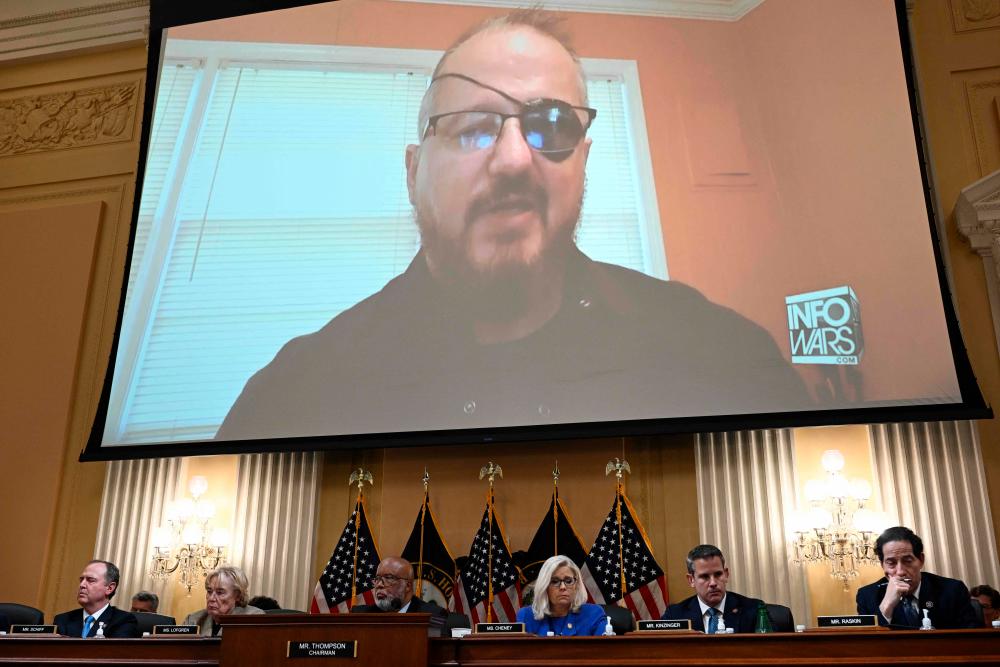 Stewart Rhodes, founder of the Oath Keepers, is seen on a screen during a House Select Committee hearing to Investigate the January 6th Attack on the US Capitol, in the Cannon House Office Building on Capitol Hill in Washington, DC on June 9, 2022/AFPPix
