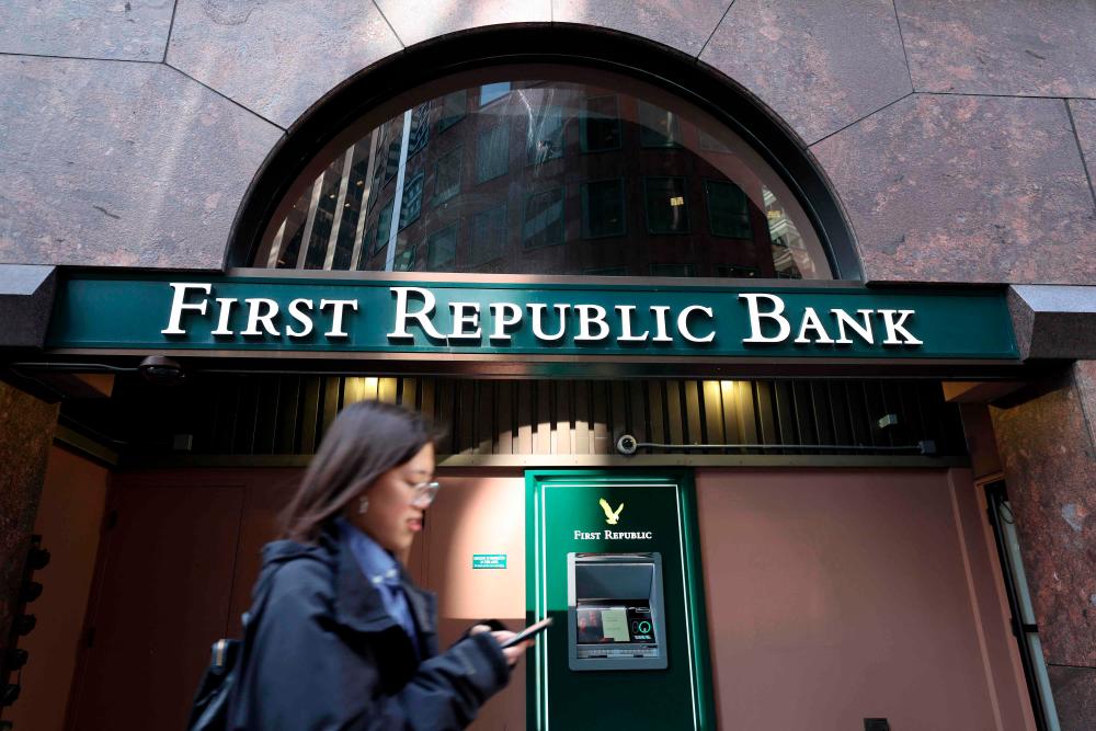View outside a First Republic Bank office in San Francisco on Thursday, March 16, 2023. First Republic is the 14th largest US bank by assets, with US$212 billion at the end of 2022. – AFPpic
