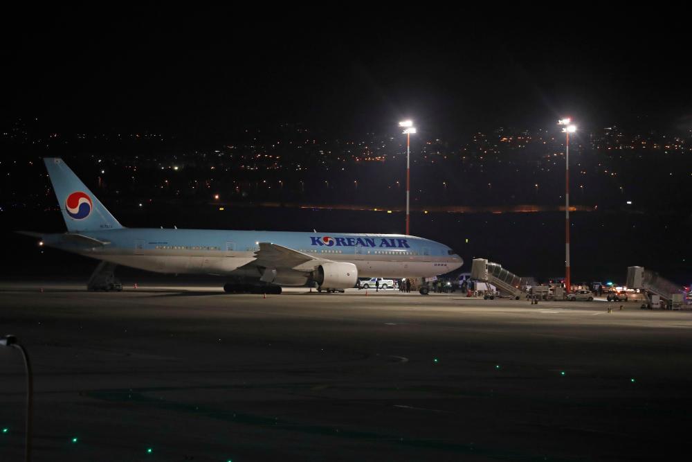 A Korean airplane which arrived from South Korea is pictured after landing at Ben Gurion International Airport on February 22, 2020. - AFP