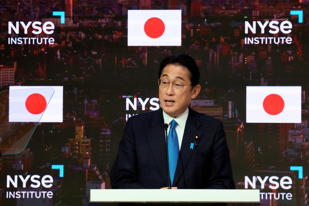 Kishida speaking during a news conference at the New York Stock Exchange on Thursday, Sept 22. – Reuterspix