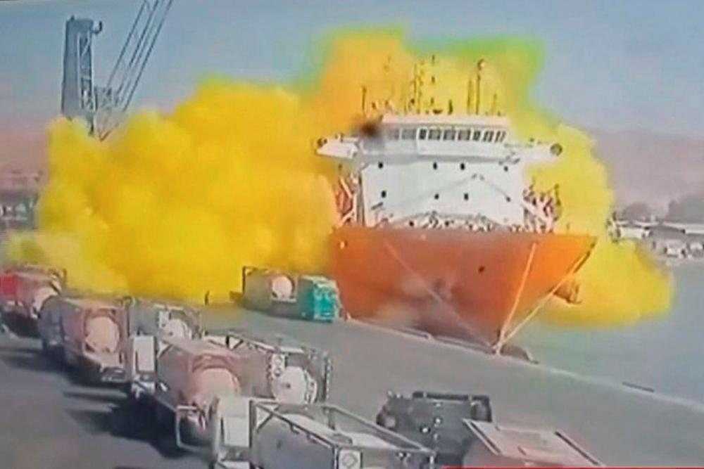 This image grab taken from a CCTV footage broadcasted by Jordan's Al-Mamlaka TV on June 27, 2022 shows the moment of a toxic gas explosion in Jordan's Aqaba port. AFPPIX