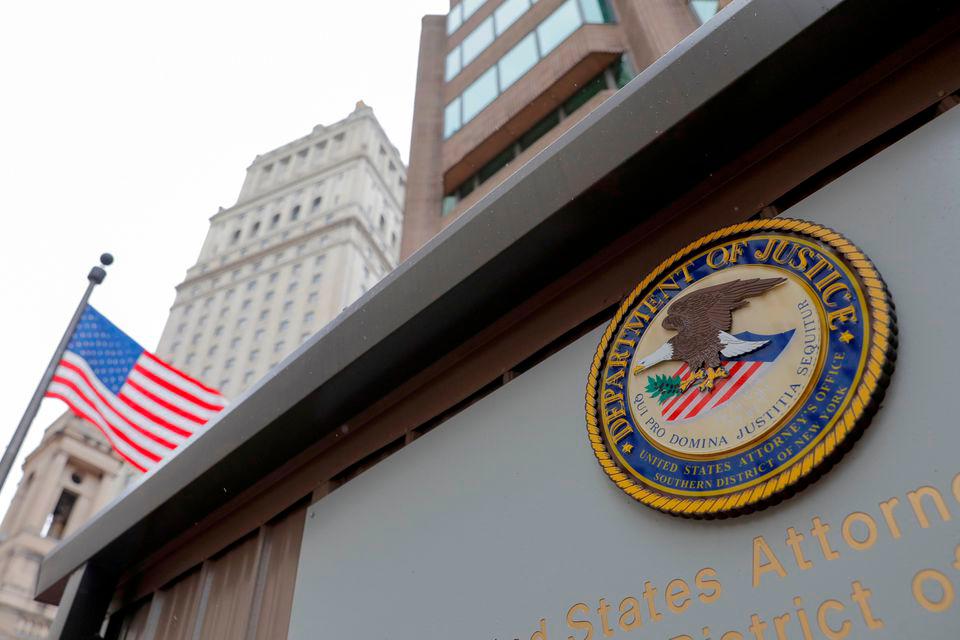 The seal of the United States Department of Justice is seen on the building exterior of the United States Attorney’s Office of the Southern District of New York in Manhattan, New York City, U.S., August 17, 2020. REUTERSPIX