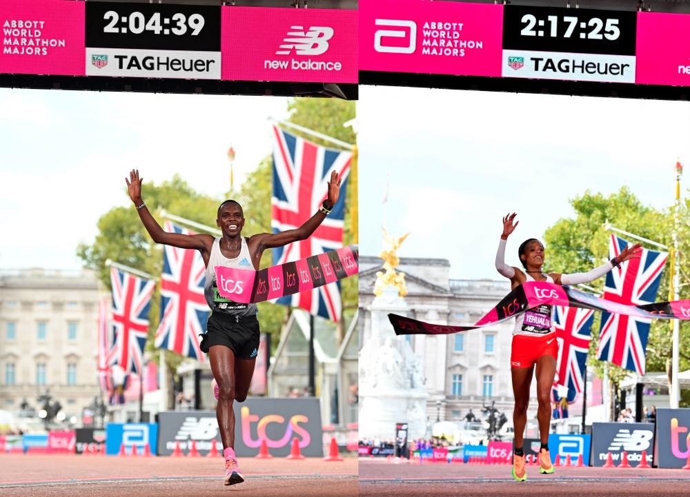 Kenya’s Amos Kirupto and Ethiopia’s Yalemzerf Yehualaw breaking the tape as they emerge as champions in the London Marathon 2022 - AFPPIX