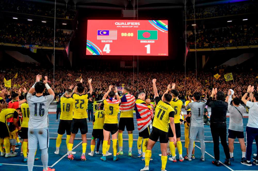The Harimau Malaya squad coached by Kim Pan Gon thrashed Bangladesh 4-1 in their final Group E match of the Asian Cup Qualifiers. BERNAMAPIX