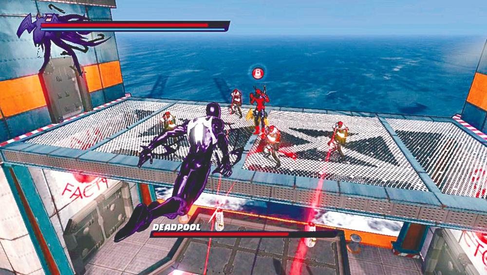 $!Shattered Dimensions features memorable boss fights, such as this one with Deadpool. – ACTIVISION