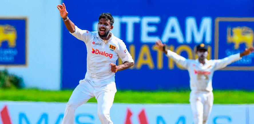 Sri Lanka’s Ramesh Mendis (left) celebrates after dismissing West Indies’ Jason Holder (not pictured) during the third day of the second Test cricket match at the Galle International Cricket Stadium. – AFPPIX