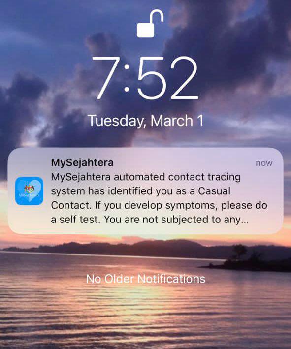Mysejahtera casual contact notification