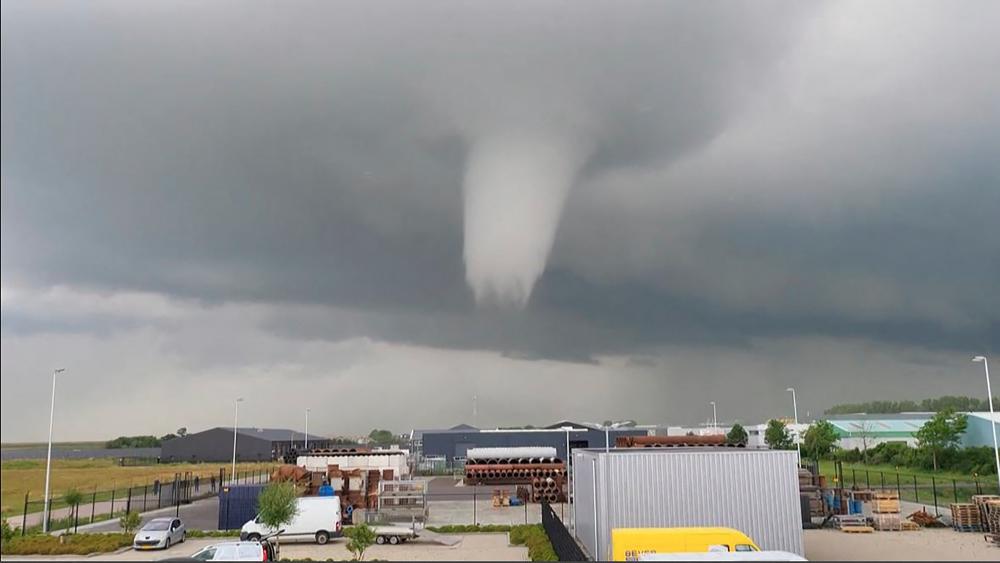 This video grab taken from a footage courtesy of Julian Steenbakke shows a tornado on June 27, 2022 in Zierikzee, Netherlands. AFPPIX