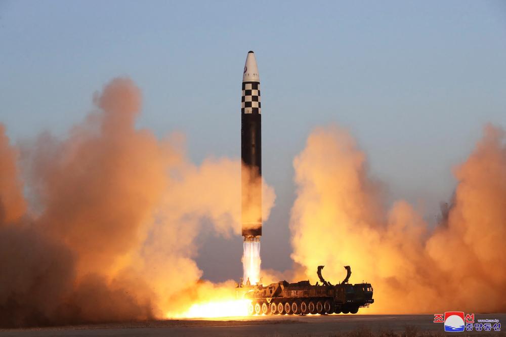 This picture taken on March 16, 2023 and released by North Korea's official Korean Central News Agency (KCNA) on March 17 shows the launch of a Hwasong-17 intercontinental ballistic missile (ICBM) at Pyongyang International Airport. AFPPIX