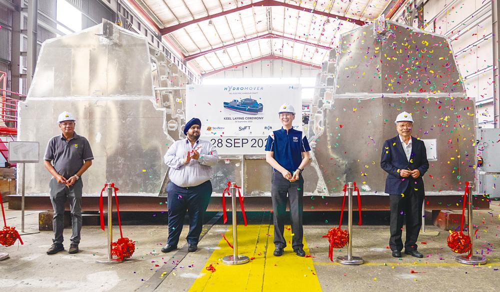 From left: Lita Ocean chairman Yeo Khee Heong, SeaTech technology vice-president Prabjot Chopra, MPA assistant CEO (industry and transformation) Kenneth Lim, and Yinson group executive chairman Lim Han Weng after the ribbon-cutting to officiate the Hydromover keel laying ceremony.
