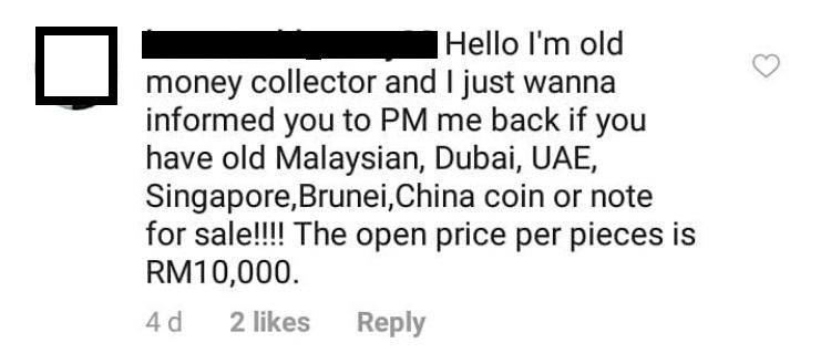 $!An example of an old coin collector’s comment on Instagram. — REMAJA