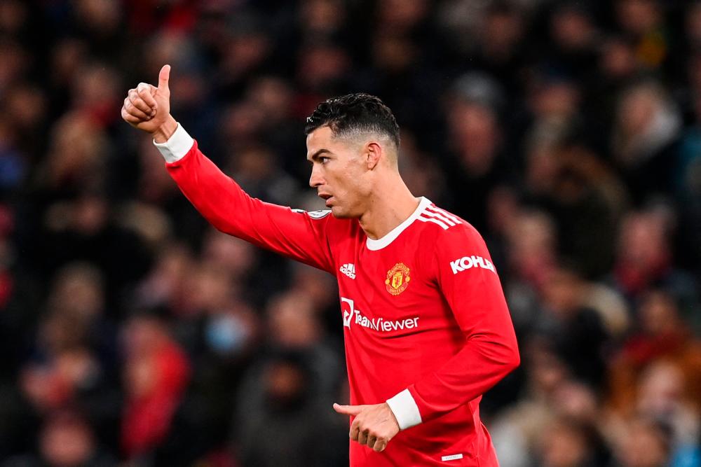 Manchester United's Portuguese striker Cristiano Ronaldo reacts during the English Premier League football match between Manchester United and Brighton at Old Trafford in Manchester, north west England, on February 15, 2022. AFPpix