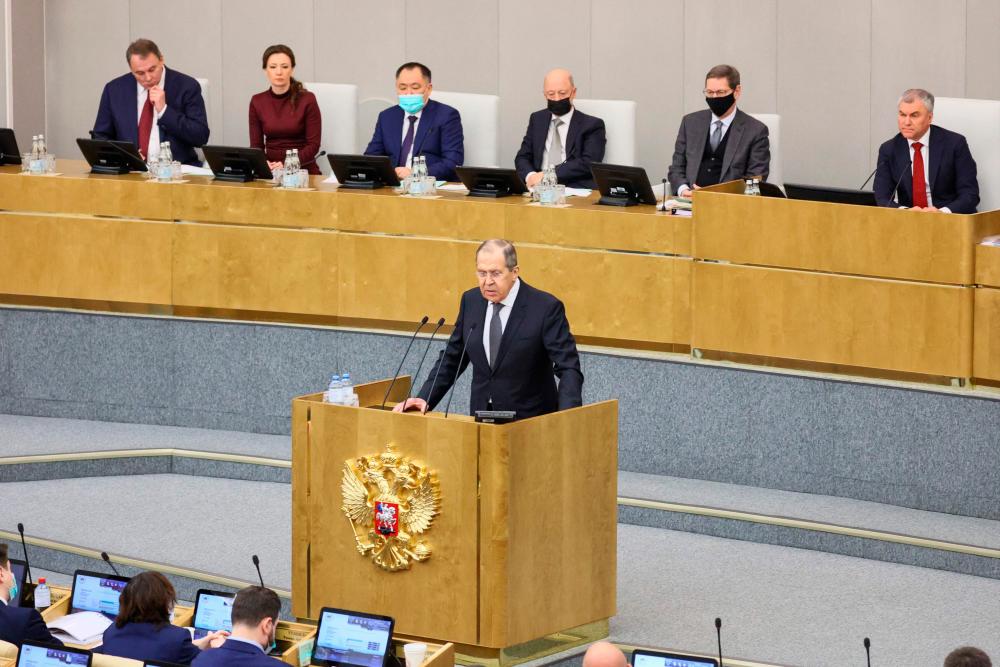 This handout photograph taken and released by the Russian Foreign Ministry on January 26, 2022, shows Russian Foreign Minister Sergei Lavrov delivering a speech during a session of the State Duma, the lower house of Russia’s parliament in Moscow. AFPPIX