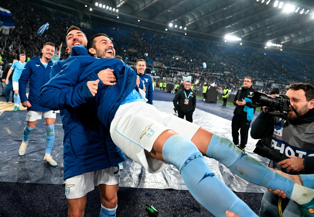 Lazio's Pedro celebrates after the match/REUTERSPIX