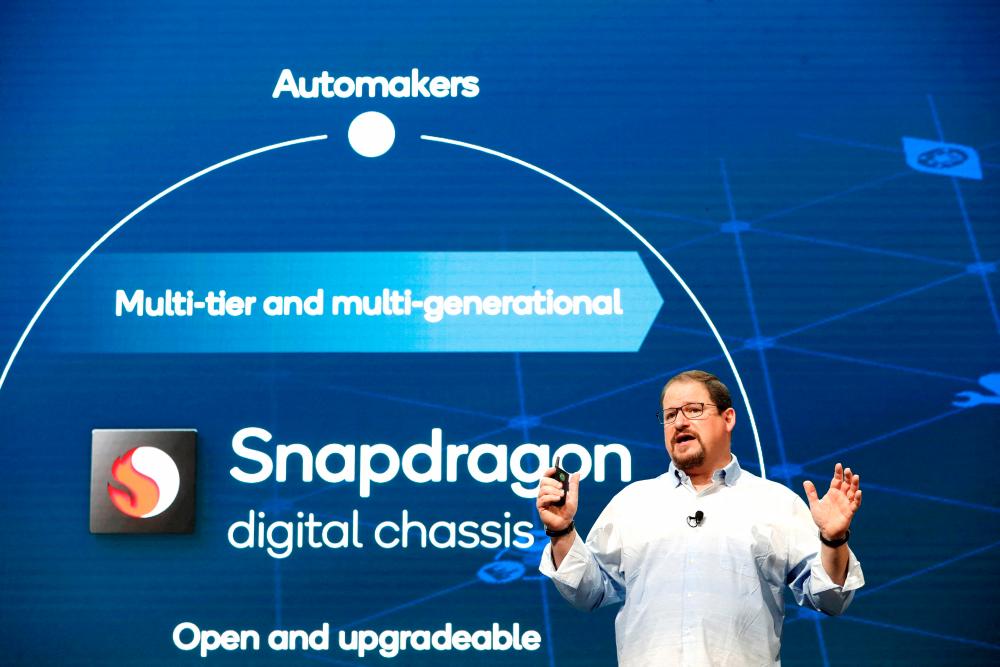 Amon speaking about Qualcomm’s Snapdragon Digital Chassis at a news conference during CES 2022 in Las Vegas on Jan 4, 2022. – Reuterspix