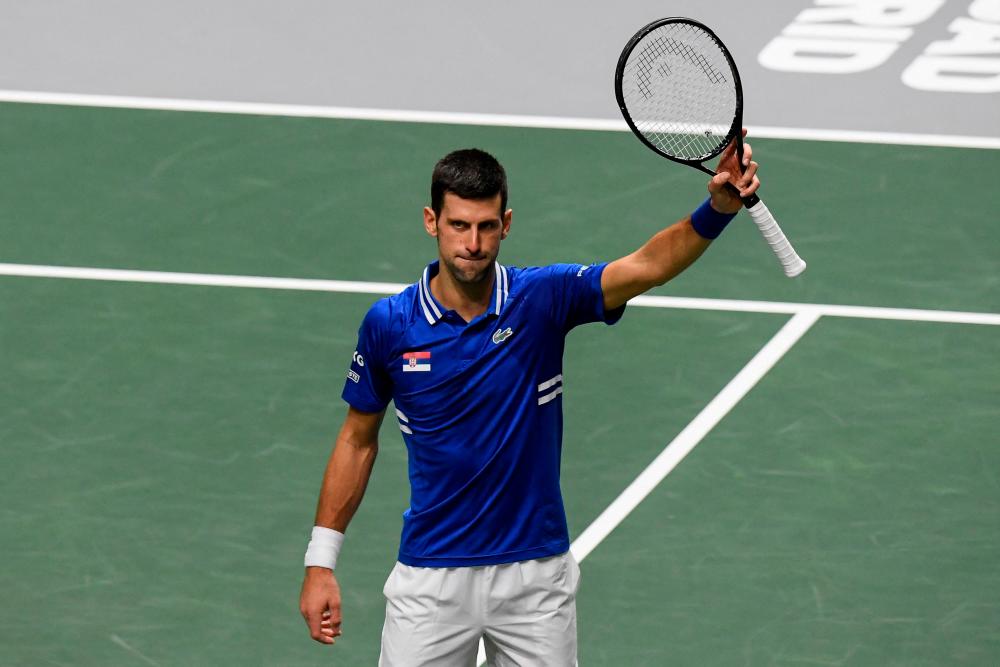 Serbia's Novak Djokovic celebrates at the end of his men's singles semi-final tennis match between Croatia and Serbia of the Davis Cup tennis tournament at the Madrid arena in Madrid on December 3, 2021. AFPpix