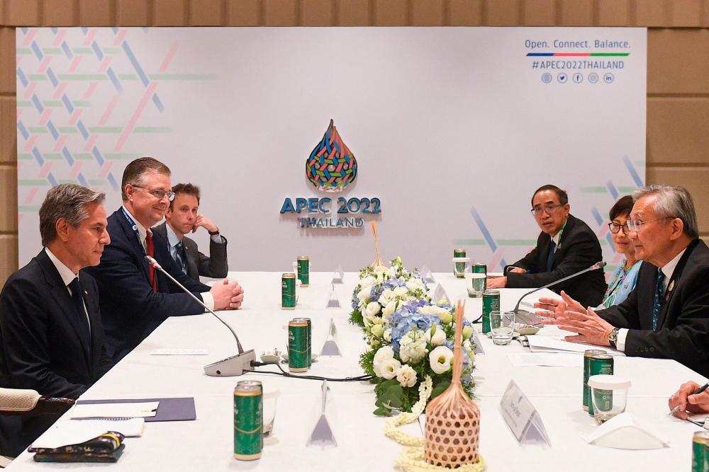 U.S. State Secretary Antony Blinken (L) attends a bilateral meeting with Thailand’s Deputy Prime Minister and Foreign Minister Don Pramudwinai (R) on the sidelines of the APEC summit, in Bangkok, on November 17, 2022. AFPPIX