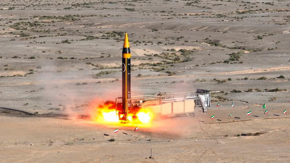 A handout picture provided by Iran’s Defence Ministry on May 25, 2023, shows the testing of the fourth generation Khorramshahr ballistic missile, named Khaibar, at an undisclosed location. AFPPIX