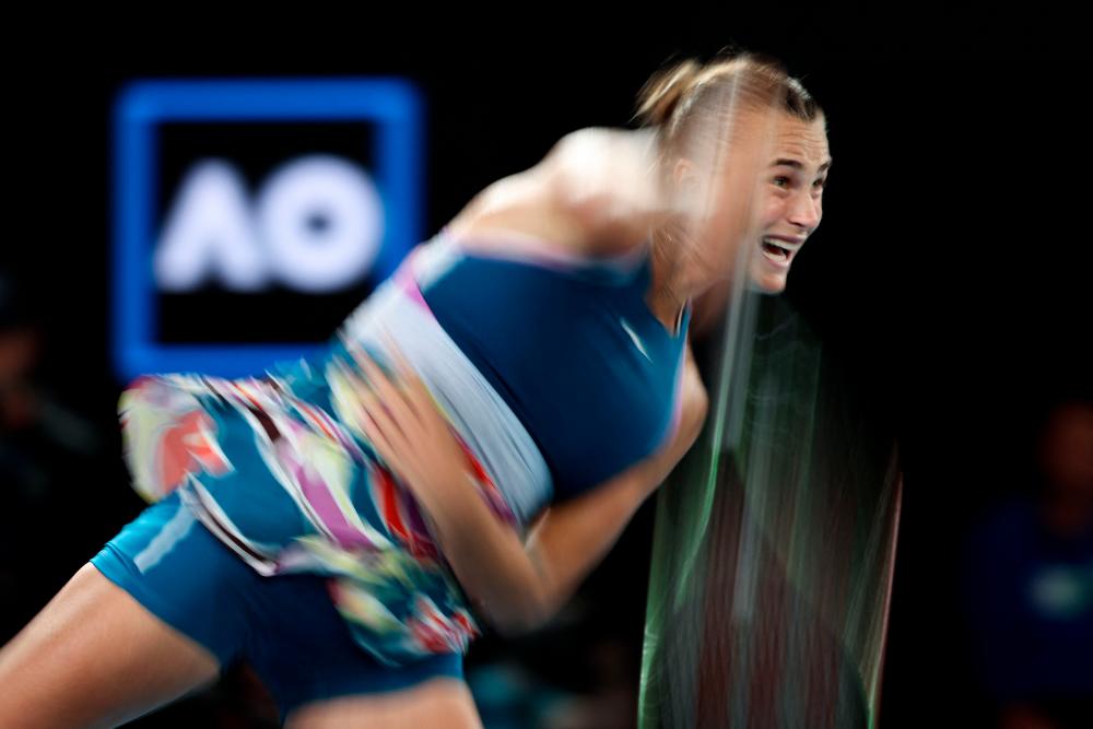 Belarus’ Aryna Sabalenka serves against Kazakhstan’s Elena Rybakina during the women’s singles final on day thirteen of the Australian Open tennis tournament in Melbourne on January 28, 2023. AFPPIX