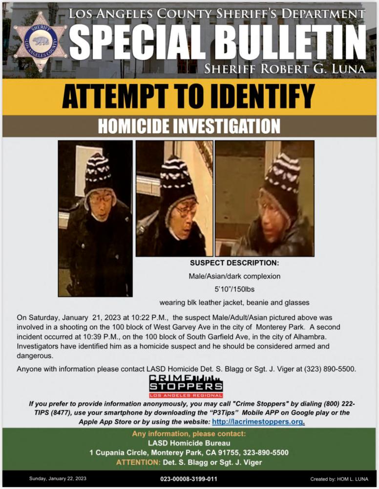 This image provided by the Los Angeles Sheriff’s Department on January 22, 2023 shows the alleged suspect in the mass shooting in which 10 people were killed in Monterey Park, California. AFPPIX