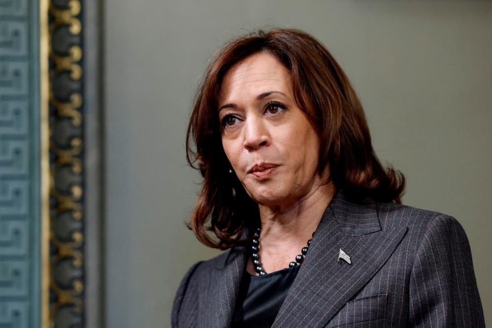WASHINGTON, DC - MARCH 24: U.S. Vice President Kamala Harris speaks to reporters after participating in a swearing in ceremony for Eric Garcetti as Ambassador to India at the Eisenhower Executive Office Building on March 24, 2023 in Washington, DC. AFPPIX