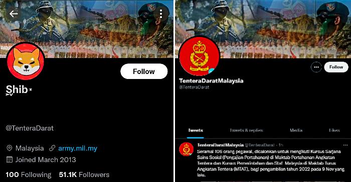 The Malaysian army Twitter account was hacked by Shib on Nov 11 (pix left).